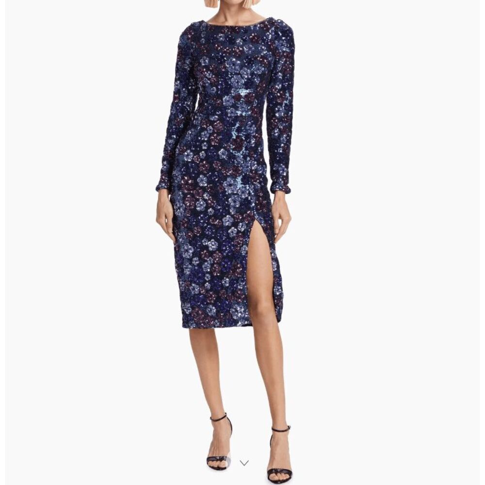 Marchesa Notte Sequin Bouquets Cocktail Midi Dress Back Zip Blue Purple Size 14